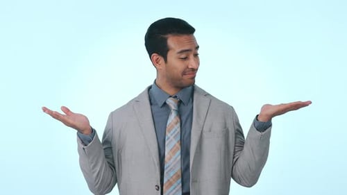 Happy businessman, palm and choice in decision, advertising or marketing against a studio