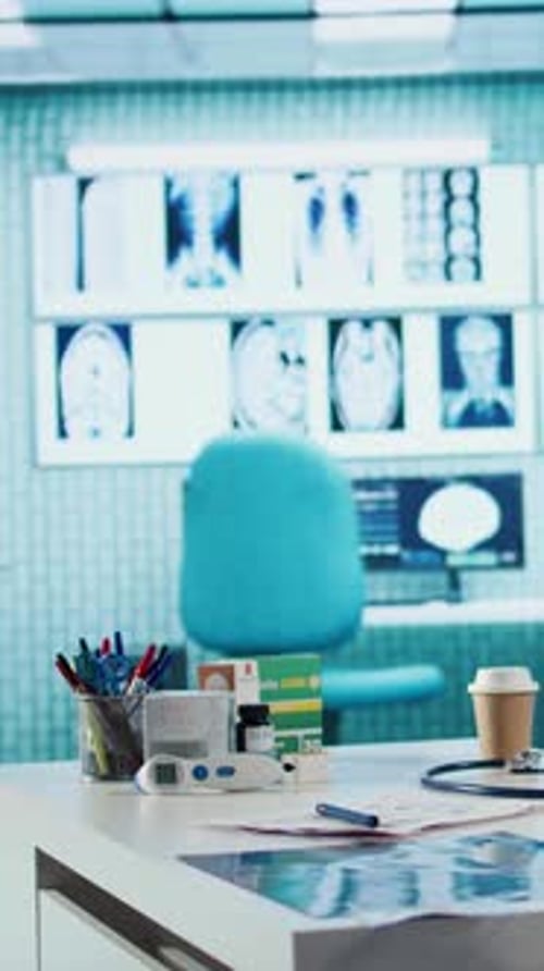 Vertical Video Empty Doctor Office Featuring Modern Medical Equipment and Drugs