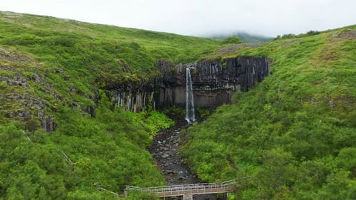 Wonderful Svartifoss Waterfall With Black Basalt Columns On South Iceland - aerial drone shot