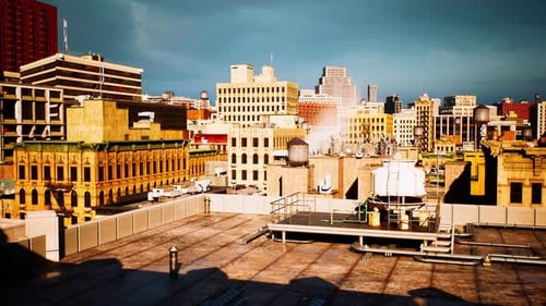 Un paisaje urbano panorámico tomado desde una azotea con vapor que se eleva desde los edificios