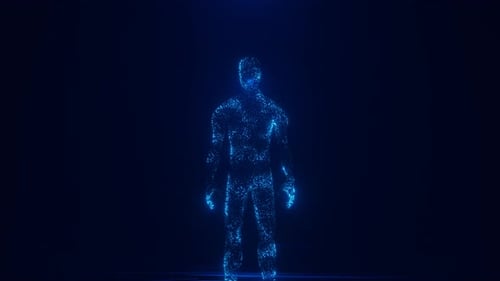 Digital Human Form Made of Particles on Dark Background