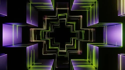 Lime And Yellow And Purple Futuristic Dark Neon Tunnel Background Vj Loop In HD