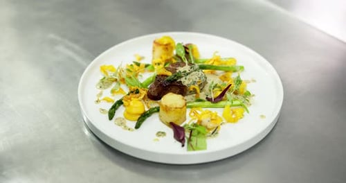 Food, gourmet meal and fine dining on plate for display, luxury or fancy restaurant