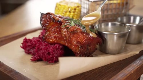 Glazed Ribs with Grilled Corn and French Fries