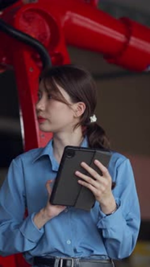 Woman using tablet in factory next to machinery