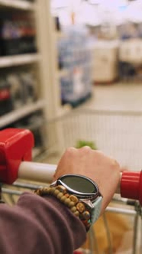 Woman Pushing Shopping Cart With Groceries In Supermarket