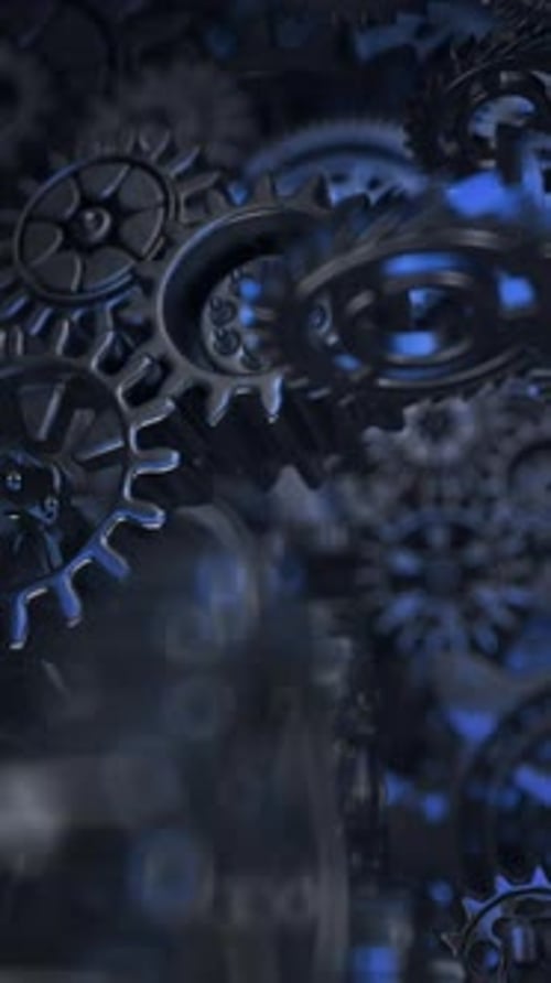 Intricate Metallic Gears Rotating with Blue Light in Seamless Loop