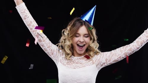 Woman dance, party with happiness and celebration, excited with party hat and energy