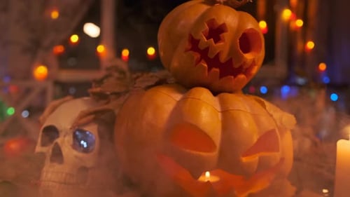 Halloween Pumpkins and Skull with Eerie Smoke