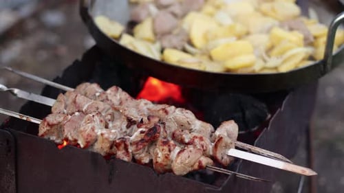 pork fresh barbecue on skewers and potatoes in a large metal frying pan are cooking on the grill on