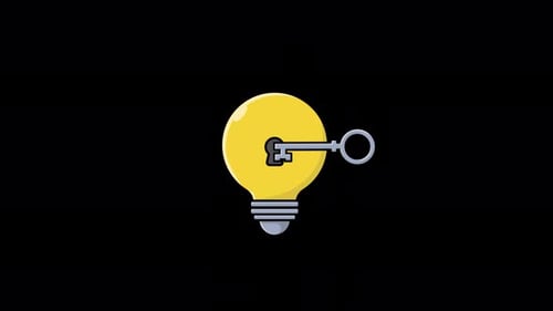 Animated Key Unlocking a Light Bulb. Solution and Idea Concept Video - Transparent