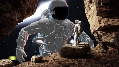 Giant Astronaut Appears on Rocky Planet Surface