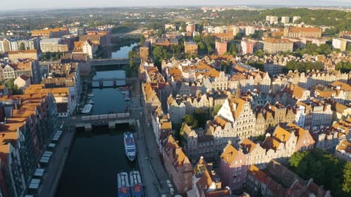 Descending Shot Above Gdansk Old Town on Beautiful Summer Day
