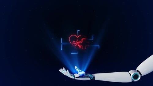 Futuristic Robotic Arm Displaying Holographic Medical Network Icons