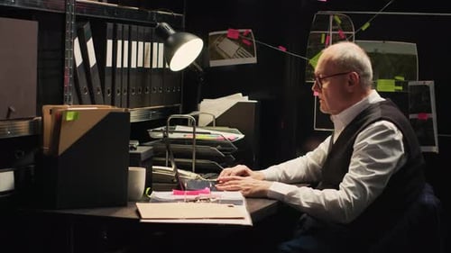 Man Working at Crime Detective Office at Night