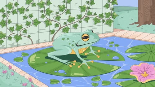 Friedlicher Frosch auf Seerosenblatt im Teich vor Efeuwand, Lofi, Zeichentrick-Tapete