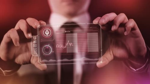 Businessman Holding Gadget With Infographics Of Ethereum Fall