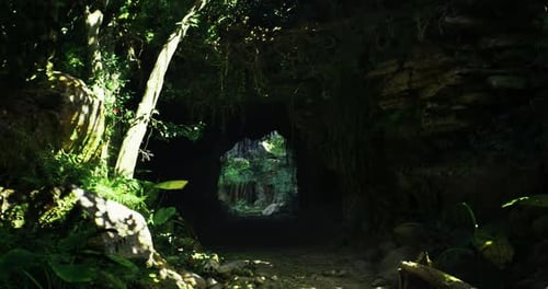 Illuminated Cave Entrance Amidst Lush Greenery During Daylight Hours