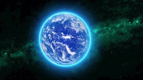 Glowing Earth Rotation in Space with Green Nebula Background