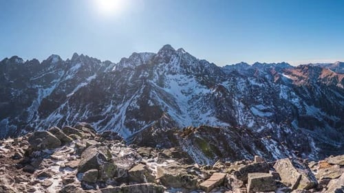 Panorama of Rocky Alps Mountains in Sunny Winter