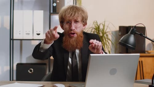 Business Man Working on Office Laptop Pointing to Camera Looking with Happy Expression Making Choice