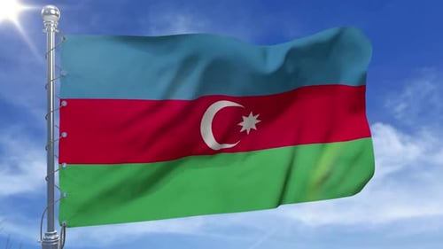 Realistic Azerbaijan National Flag Waving in Blue Sky