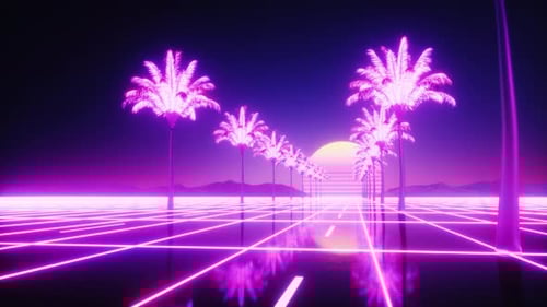 Glowing Palms And Road Synthwave Background