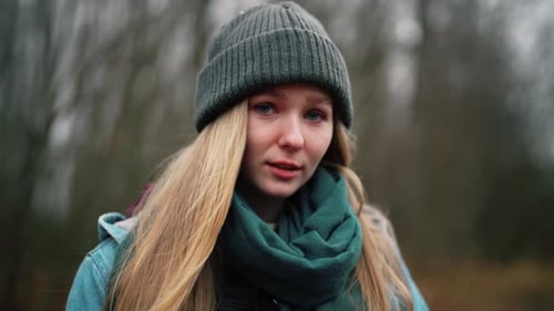 Beautiful Girl in Forest Portrait of Young Woman on Nature Outdoors in Warm Hat in Autumn Cute and