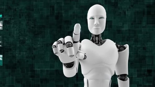 Advanced humanoid robot with futuristic design and teal background