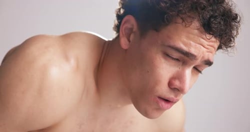 Man, workout or cleaning sweat in studio for break, endurance challenge or exercise fatigue