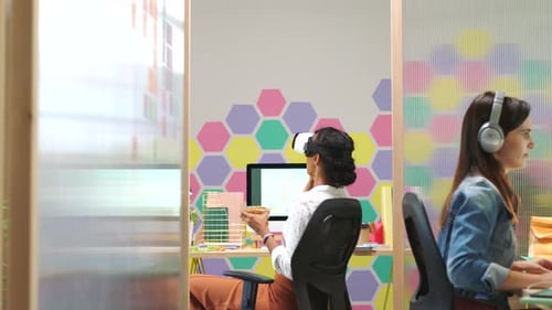 Metaverse, vr headset and computer web design women in creative startup