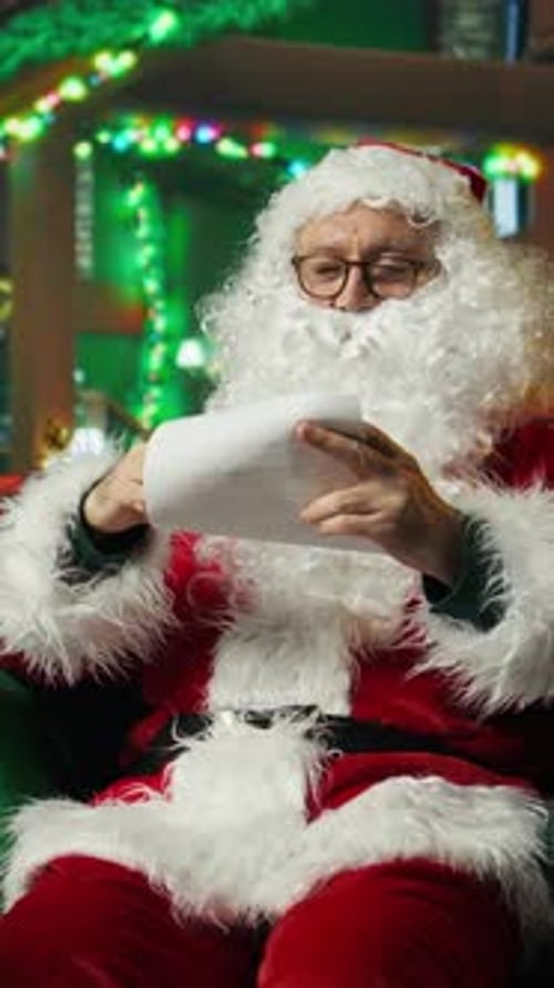 Santa Claus reading list and holding a gift