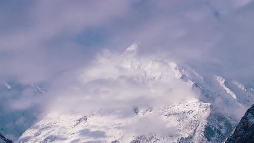 Snow Covered Mountain Peaks Under Cloudy Sky