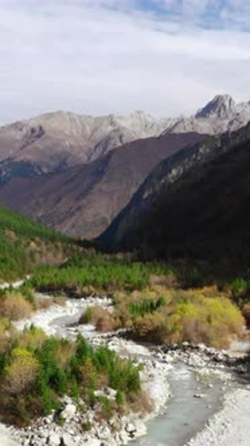 Aerial View of Mountain Valley with River and Forest Media