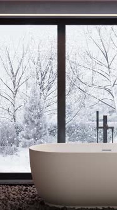 Realistic Falling Snow Animation with Modern Bathtub and Window View