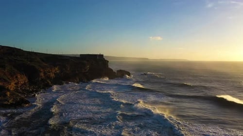 North Beach Fort and Atlantic Ocean Nazare Portugal Aerial View