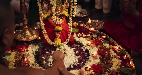 Hindu Religious Ceremony Traditions: Slow Motion of Group of People Burning Sages,Chanting and Givi