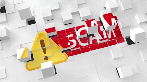 Animated 3D Scam Alert With Warning Sign On Digital Cubes