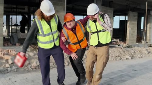 Safety team dragging a wounded foreman screaming in pain help employee accident.