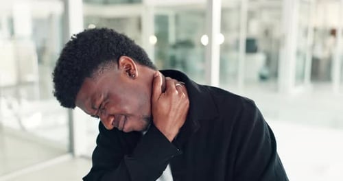 Black man, neck pain and stress at office with frustrated, fatigue and massage at company