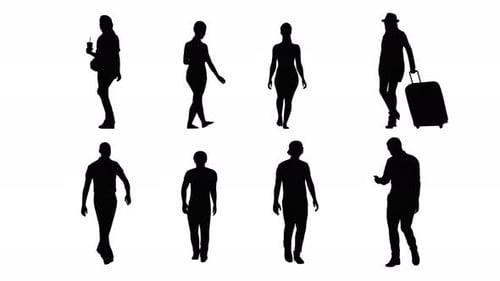 Collection of black shape people walking on white background alpha channel
