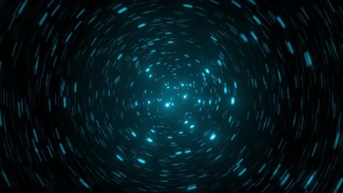 Blue Digital Particle Hyperspace Jump Time Travel Concept. Flying Thorough Stars And Space Tunnel