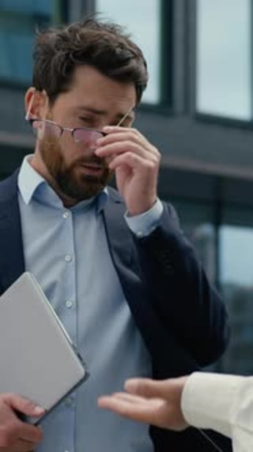 Angry African Businesswoman Female CEO Boss Irritated Scold Caucasian Businessman Male Manager