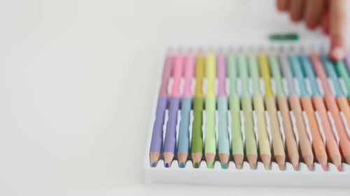 Pastel Colored Pencils in Case on Tabletop