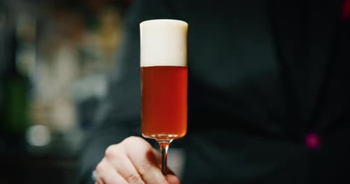 Close up of a professional bartender is serving an elite alcoholic to customers at the bar or disc