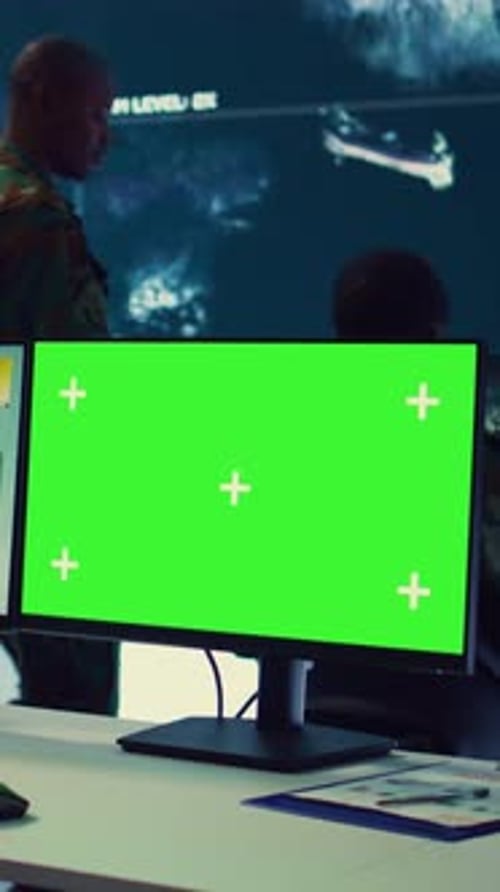 Vertical Video Woman Operator Works with Isolated Display and Tracking Enemy Vessels