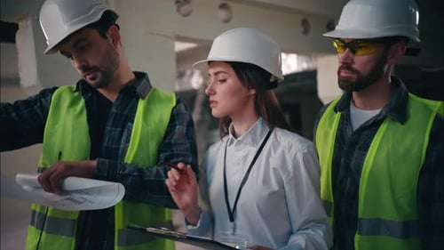 Construction Workers Reviewing Plans at Construction Site