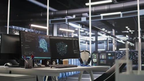 Data Center PC Screens Monitoring Infrastructure Used in AI Model Development