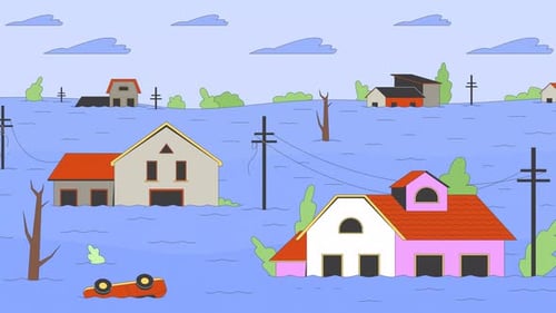 Flat Design Animation of Flooded Neighborhood with Submerged Houses