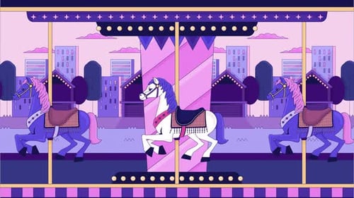 Sunset city carousel horses lo fi animated cartoon background